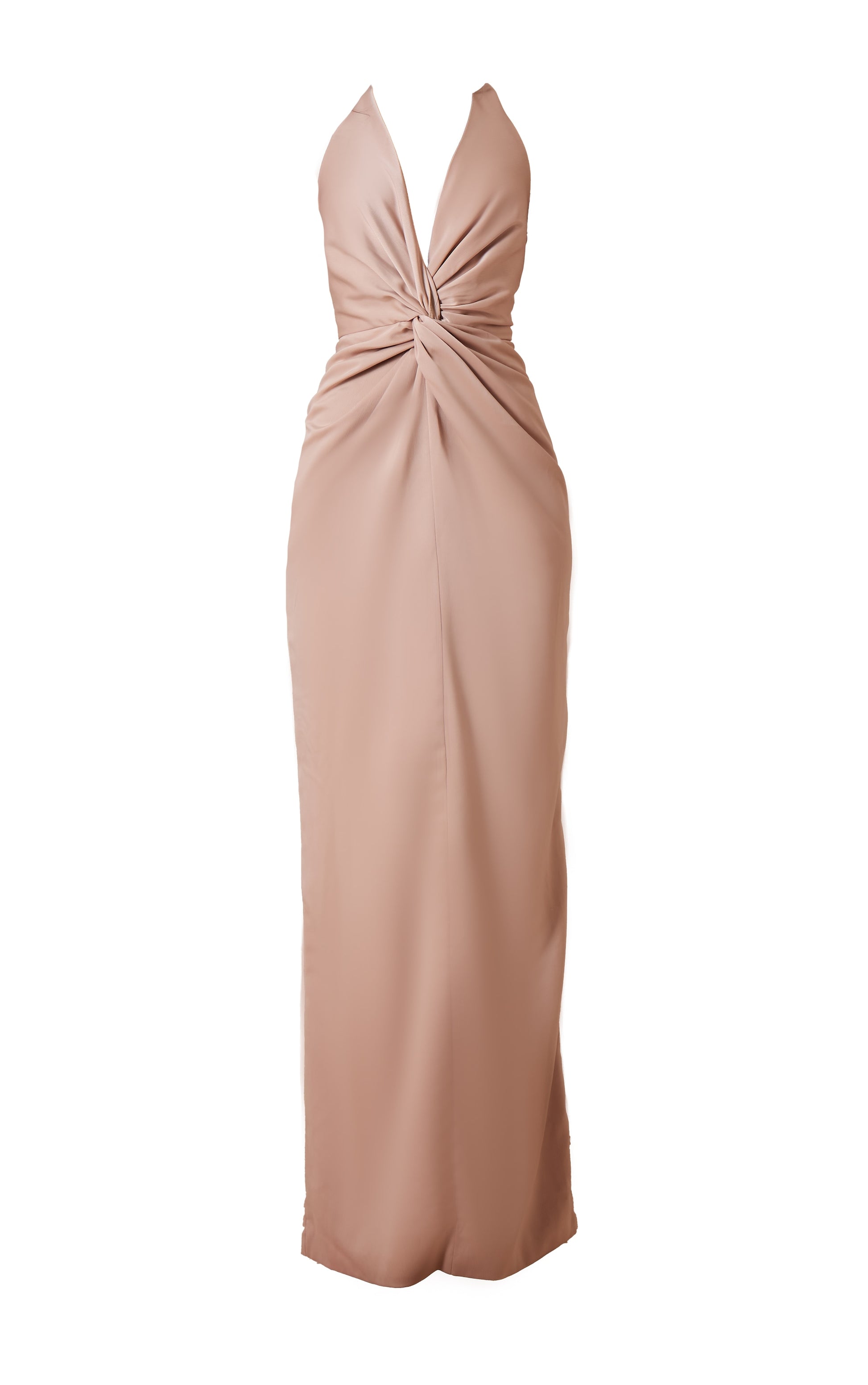 Champagne Bridesmaid Satin Twist Plunge Halterneck Maxi Dress