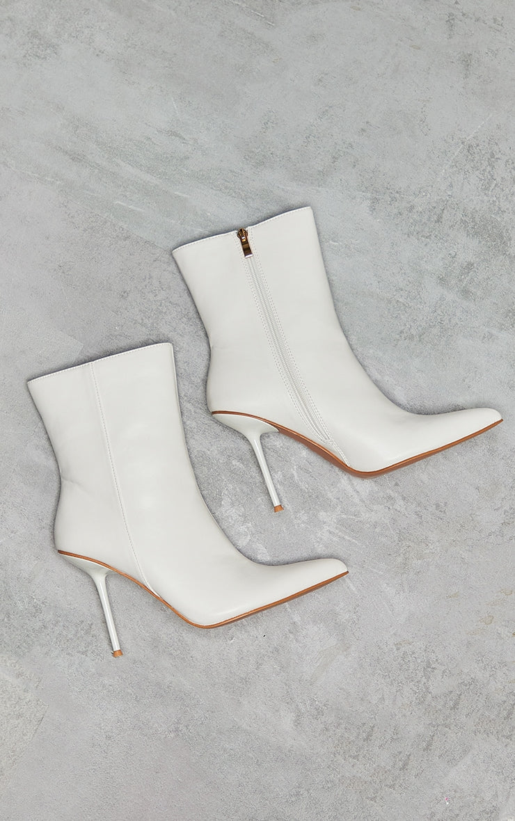 White Pu Point Toe Mid Heeled Ankle Boots