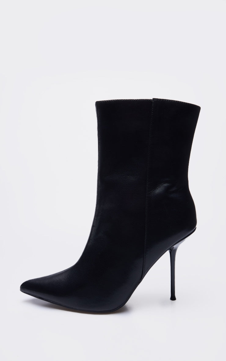 Black Pu Point Toe Mid Heeled Ankle Boots