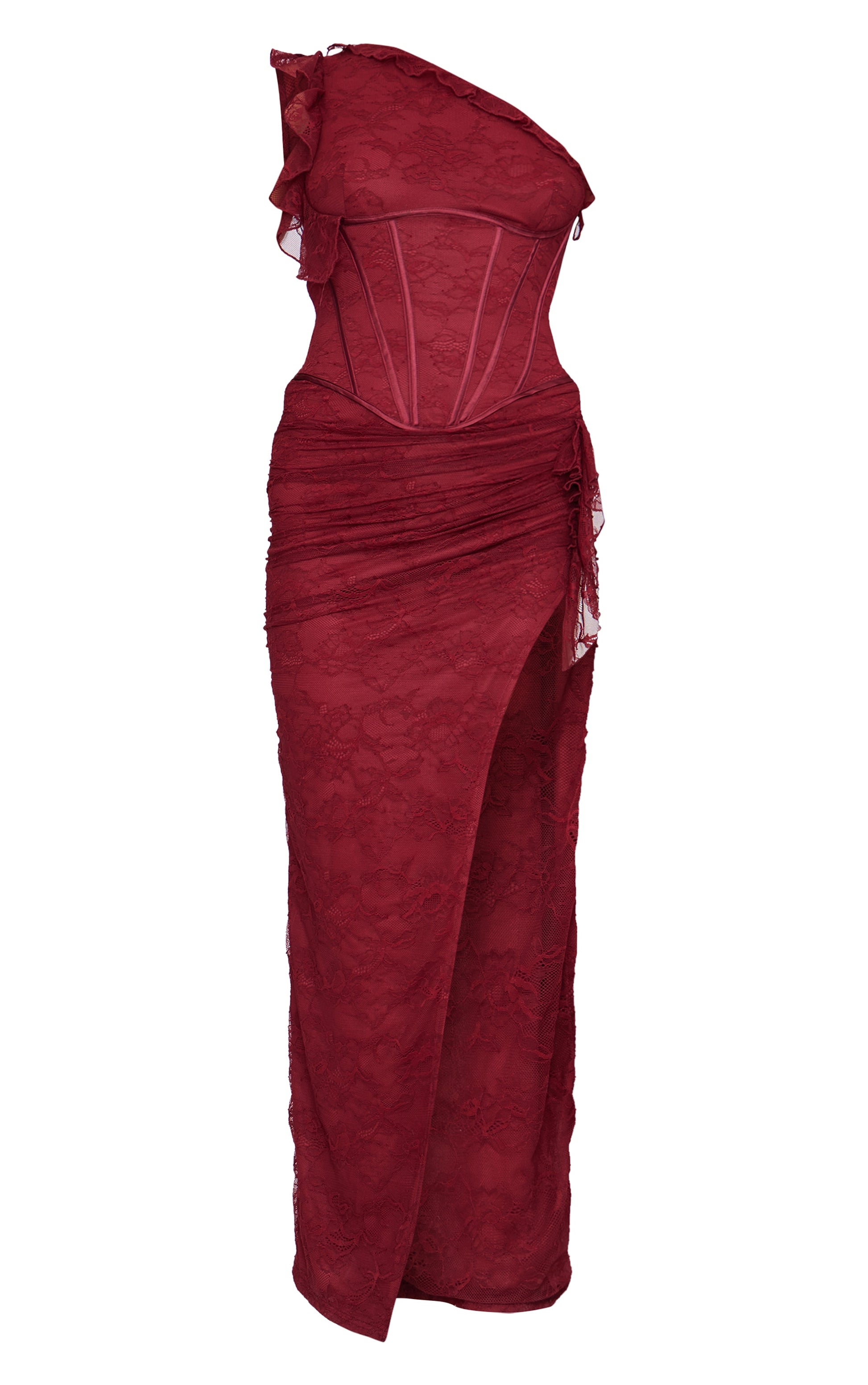 Burgundy Lace Corset Detail One Shoulder Midaxi Dress