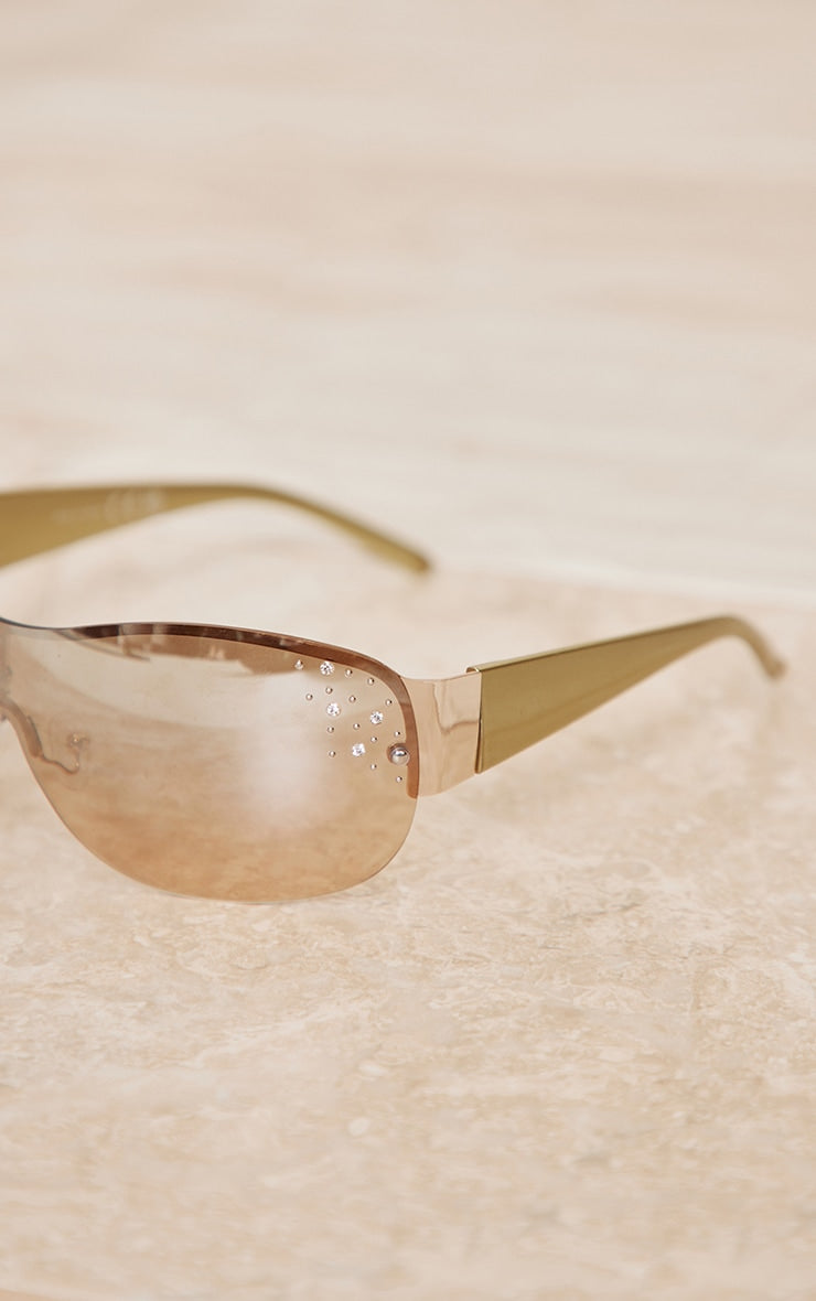 Brown Diamante Detail Curved Visor Sunglasses