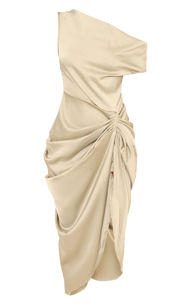 Sage Green Satin Off The Shoulder Draped Skirt Midi Dress