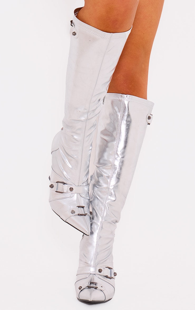 Silver Pu Metallic Buckle Detail High Heeled Knee Boots