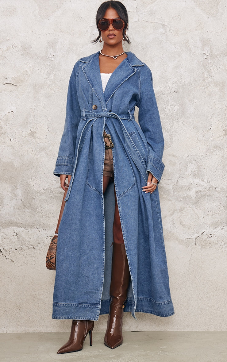 Tall Mid Blue Wash Belt Detail Denim Trench Coat