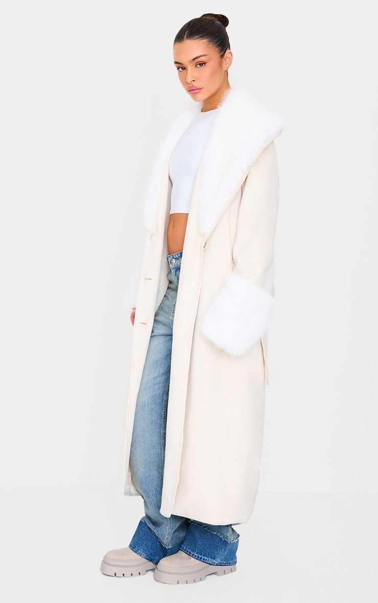 Sand Faux Fur Trim Contrast Faux Suede Coat