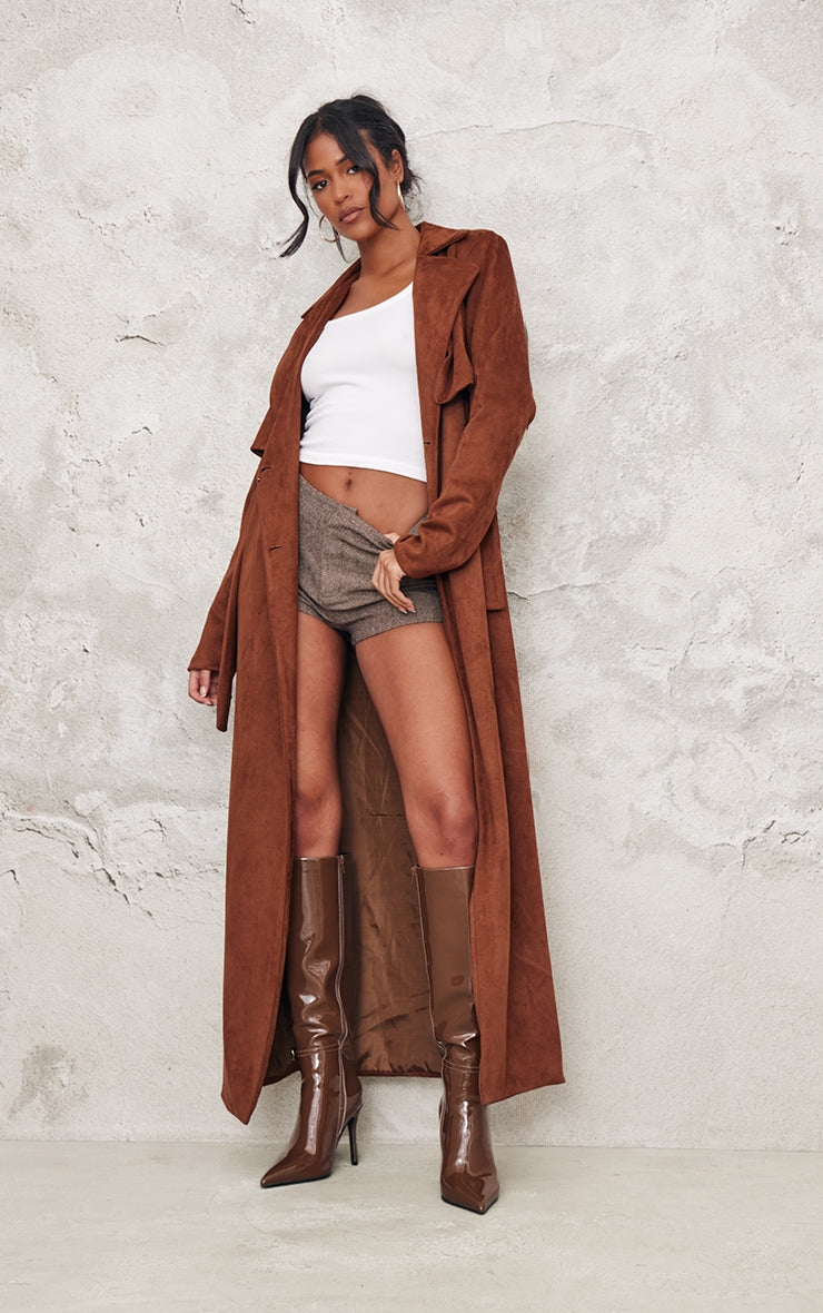 Tall Chocolate Faux Suede Belted Maxi Trench Coat