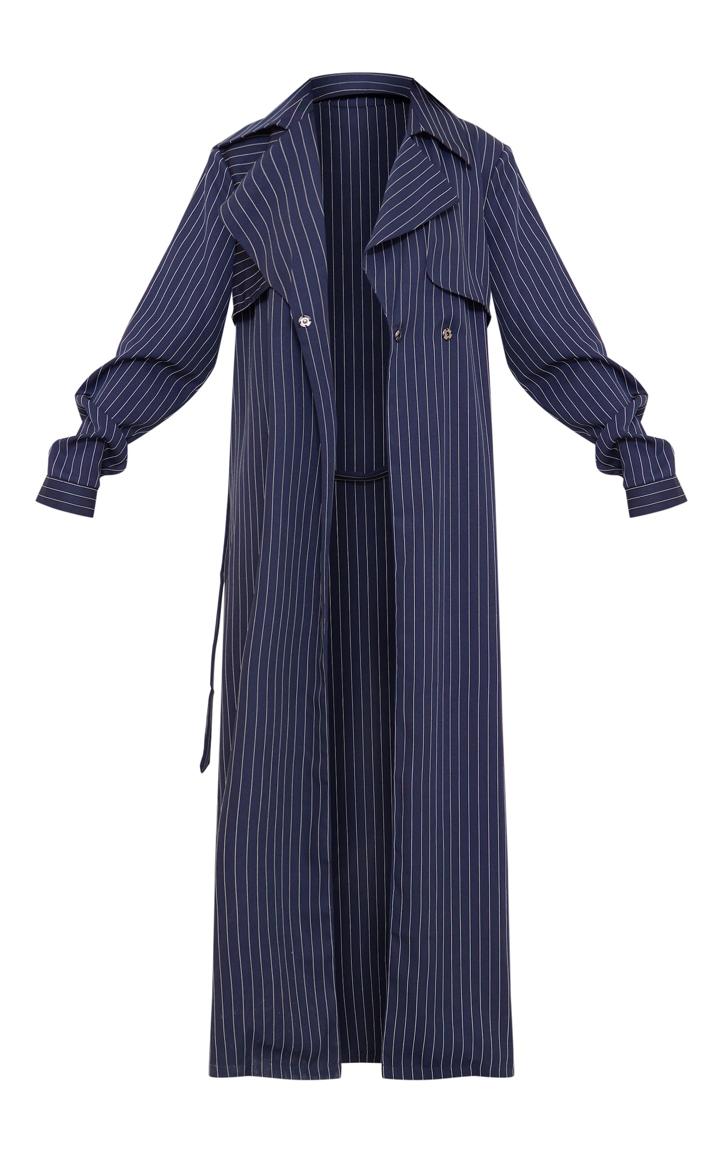 Tall Navy Pinstripe Tie Belt Maxi Trench Coat