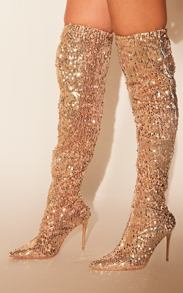 Silver Sequin Point Toe Over The Knee Heeled Boots