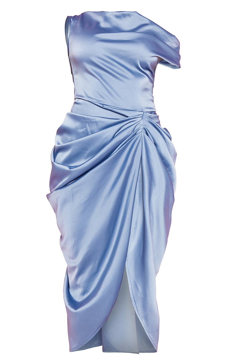 Blue Satin Off The Shoulder Draped Skirt Midi Dress