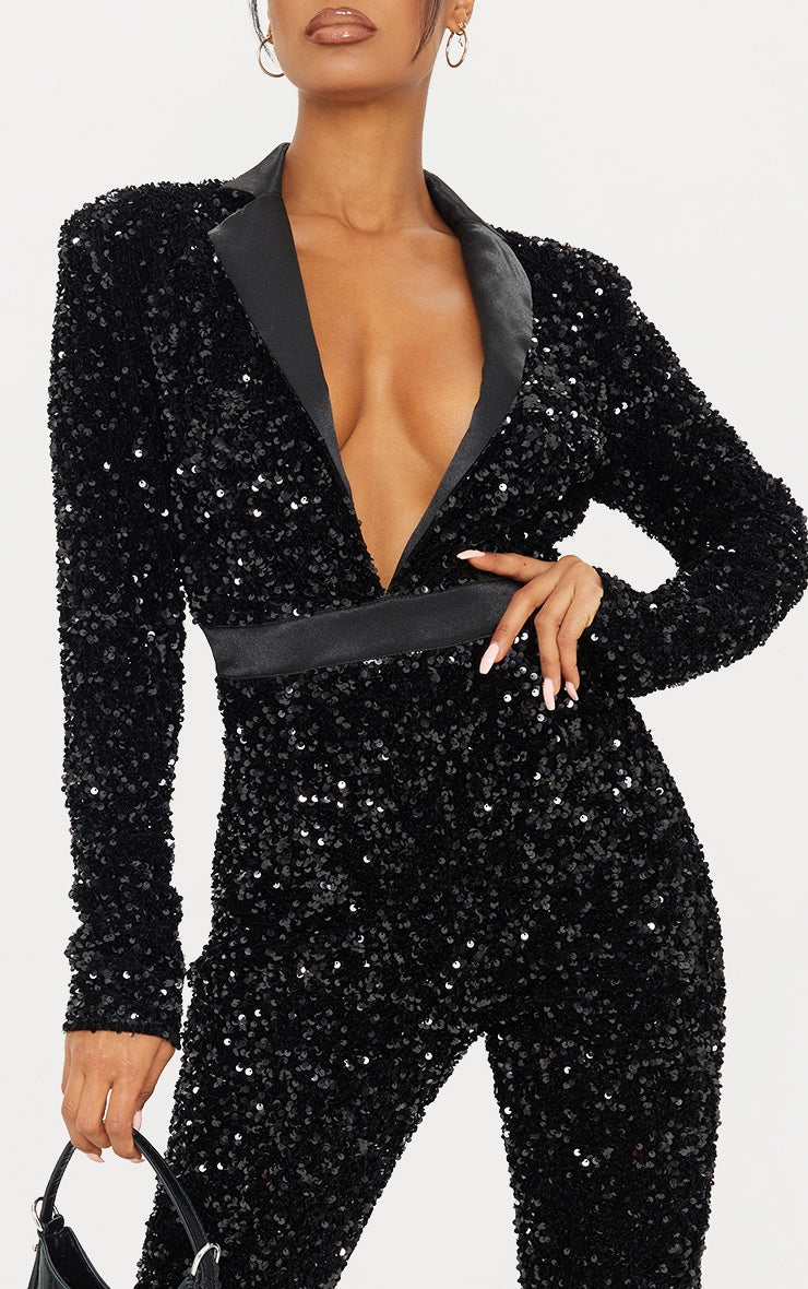 Black Velvet Sequin Plunge Front Tailored Jumpsuit