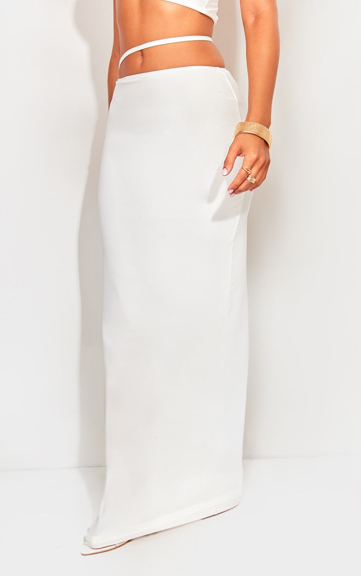 Petite White Soft Touch Flared Maxi Skirt With Strap Detail