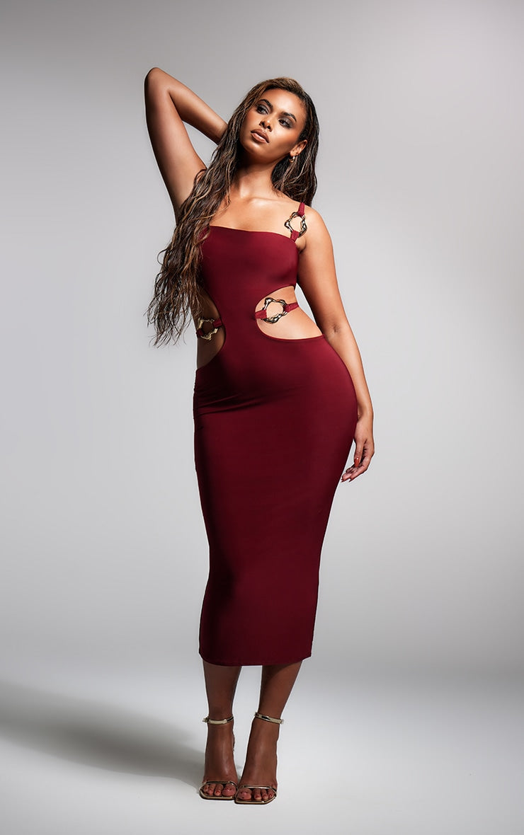 Dark Red Slinky One Shoulder Trim Detail Midaxi Dress