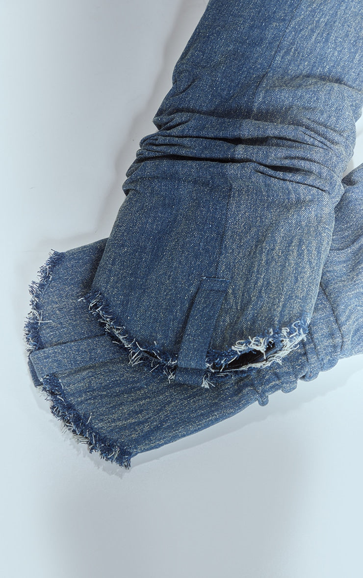 Blue Washed Denim Point Toe Frayed Fold Over Heeled Knee High Boots