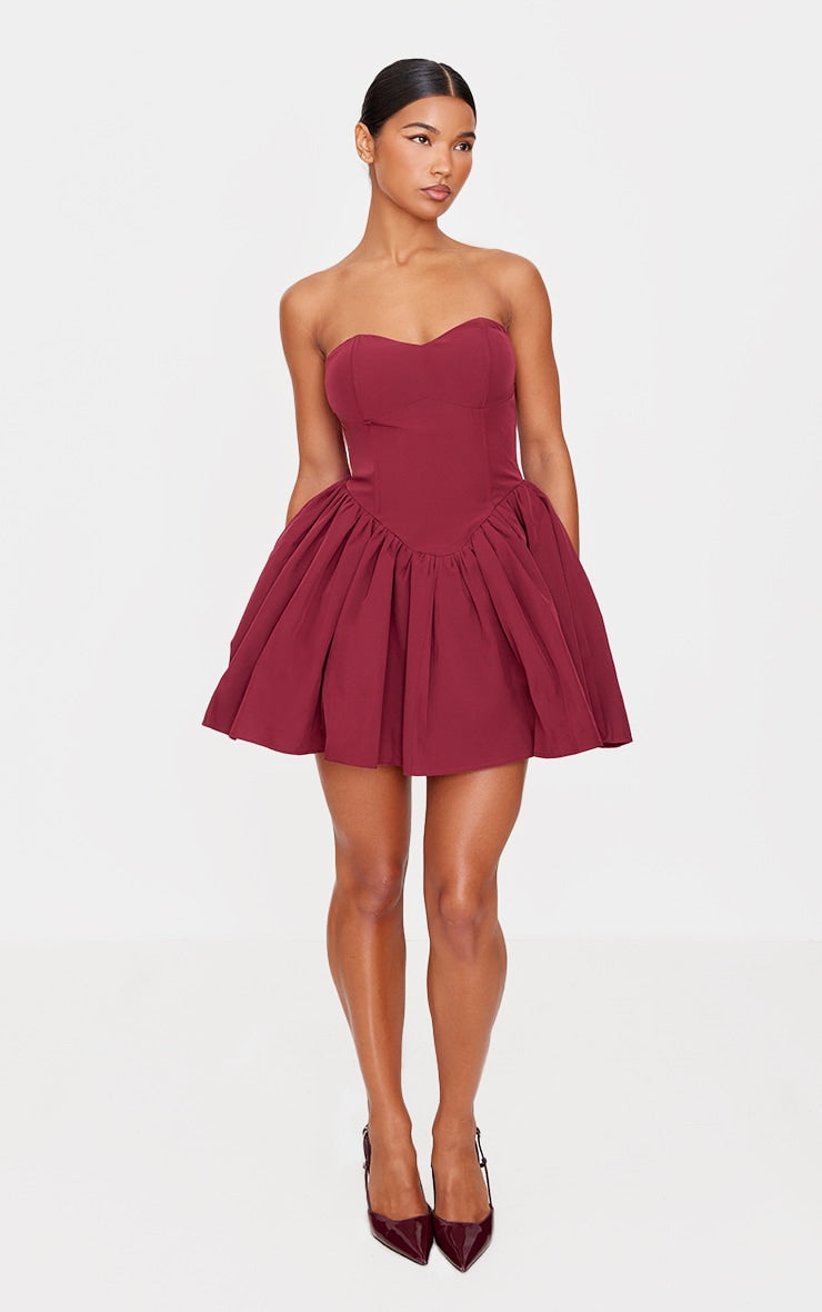 Burgundy Bandeau Corset Detail Shift Dress