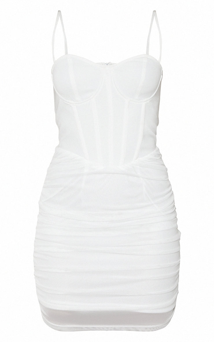 Cream Strappy Corset Detail Mesh Ruched Skirt Bodycon Dress