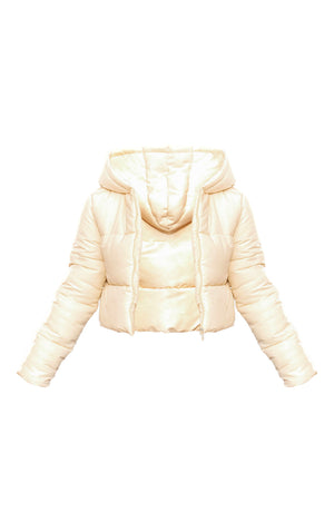 Cream Basic Hooded Zip Up Cropped Puffer Jacket