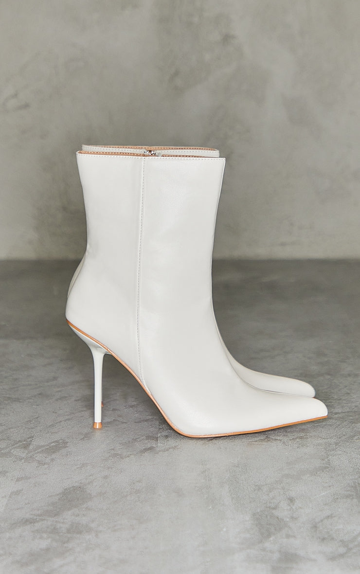 White Pu Point Toe Mid Heeled Ankle Boots