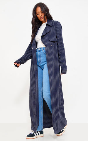 Tall Navy Pinstripe Tie Belt Maxi Trench Coat