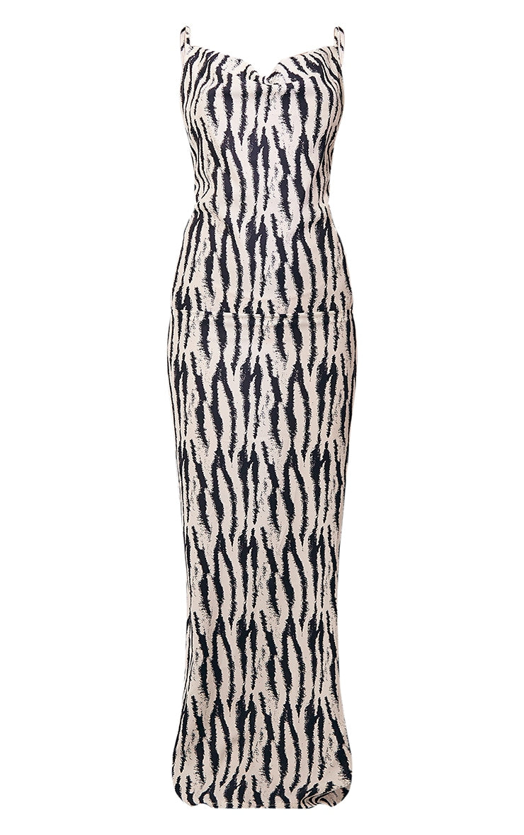 White Zebra Print Satin Cowl Neck Maxi Dress - HCWP 