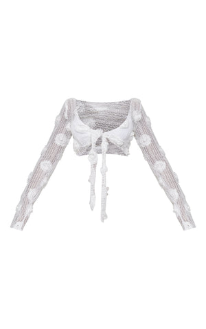 White Textured Flower Trim Tie Front Beach Top