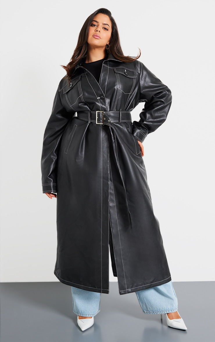 Plus Black Faux Leather Contrast Stitch Split Hem Trench Coat