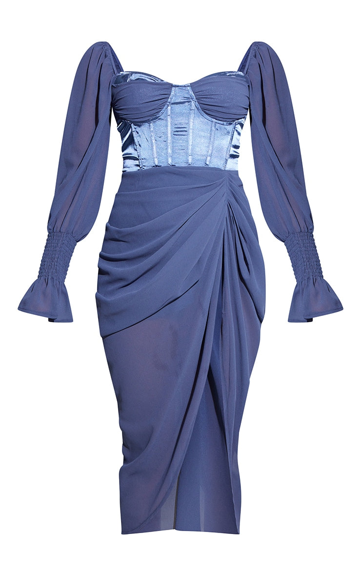 Mineral Blue Satin Insert Draped Chiffon Midi Dress