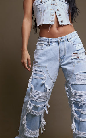 Light Blue Wash Extreme Distress Wide Leg Jeans