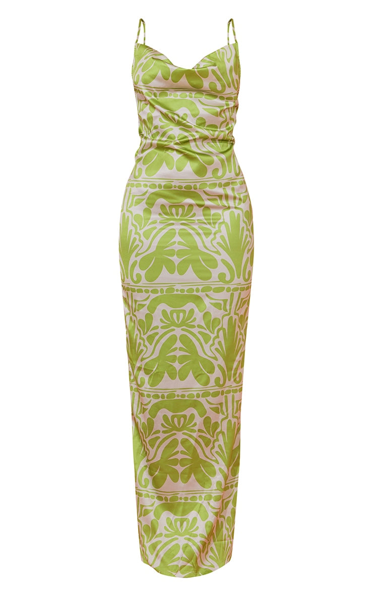 Green Baroque Print Satin Cowl Neck Maxi Dress