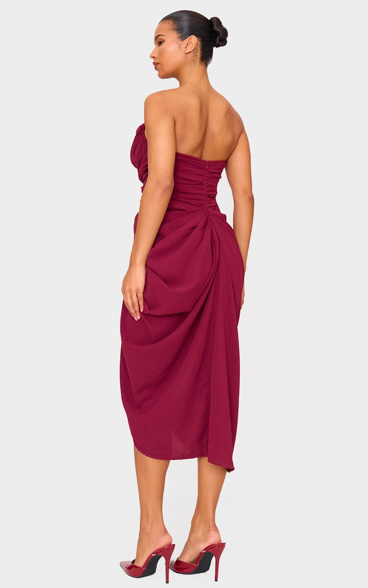 Burgundy Chiffon Corset Bandeau Draped Midi Dress