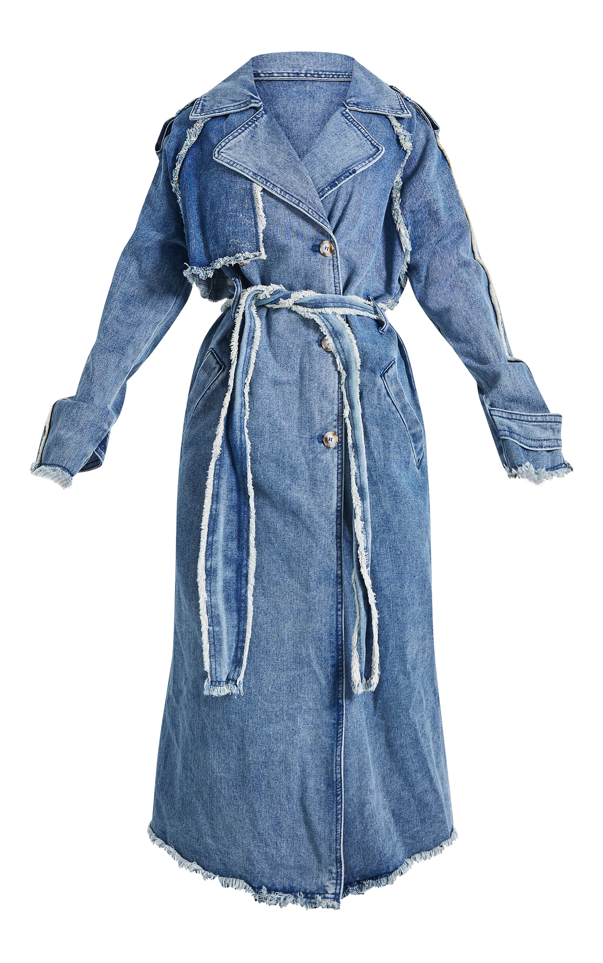 Petite Mid Blue Wash Denim Frayed Edge Maxi Trench Coat