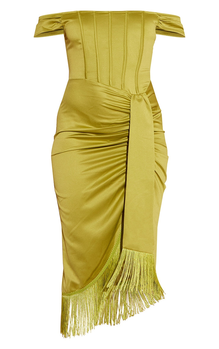 Olive Satin Bardot Tassel Hem Draped Midi Dress