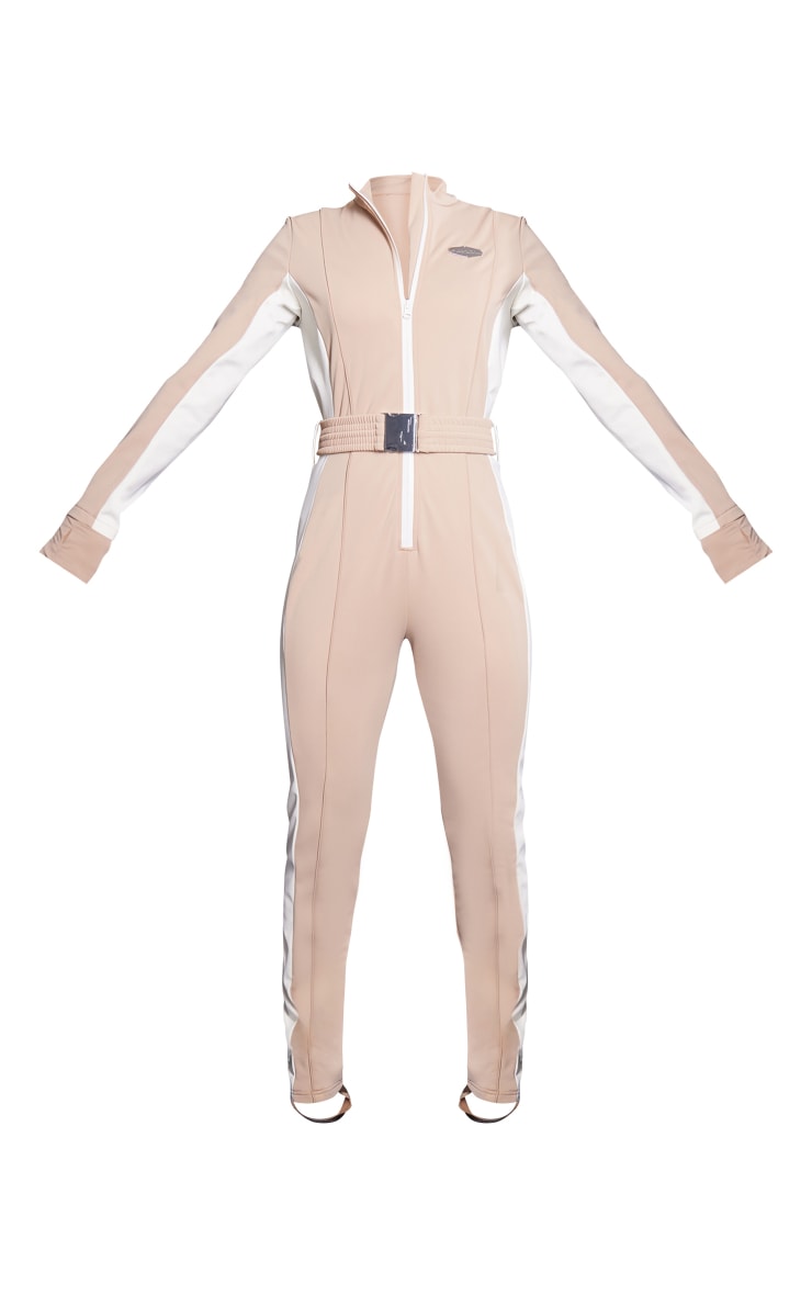 PRETTYLITTLETHING Plus Beige Belted Fitted Scuba Suit