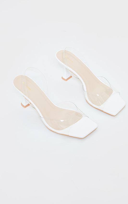 White Low Cake Stand Square Toe Clear Strap Slingback Heeled Sandals