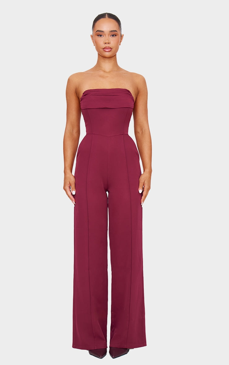 Burgundy Bandeau Cowl Neck Pocket Detailed Jumpsuit