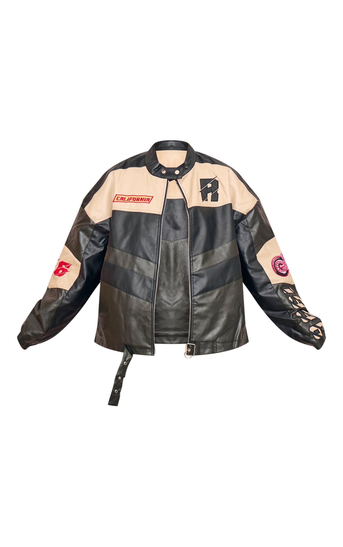 Plus Black Contrast Panel Oversized Faux Leather Motocross Jacket