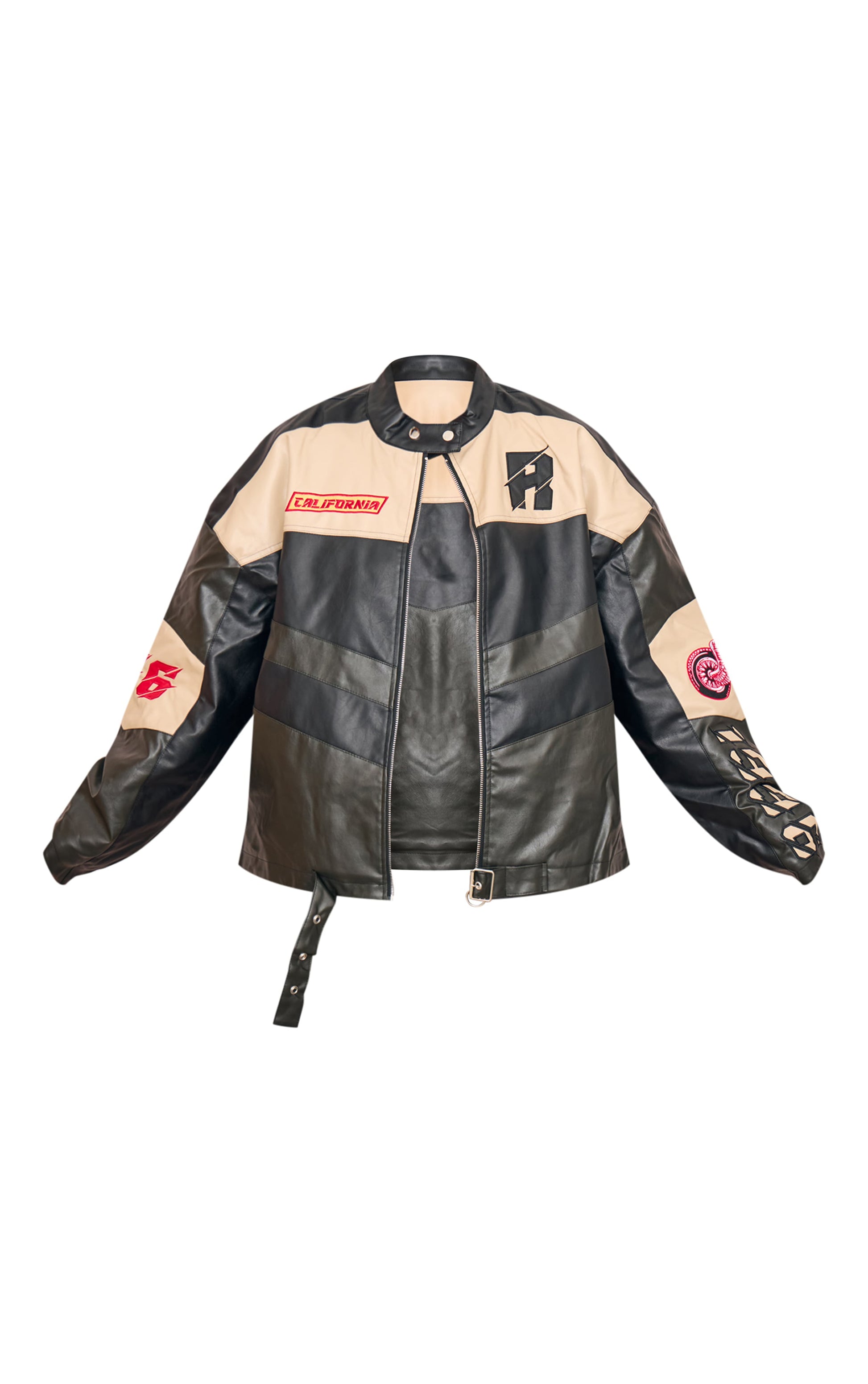 Plus Black Contrast Panel Oversized Faux Leather Motocross Jacket