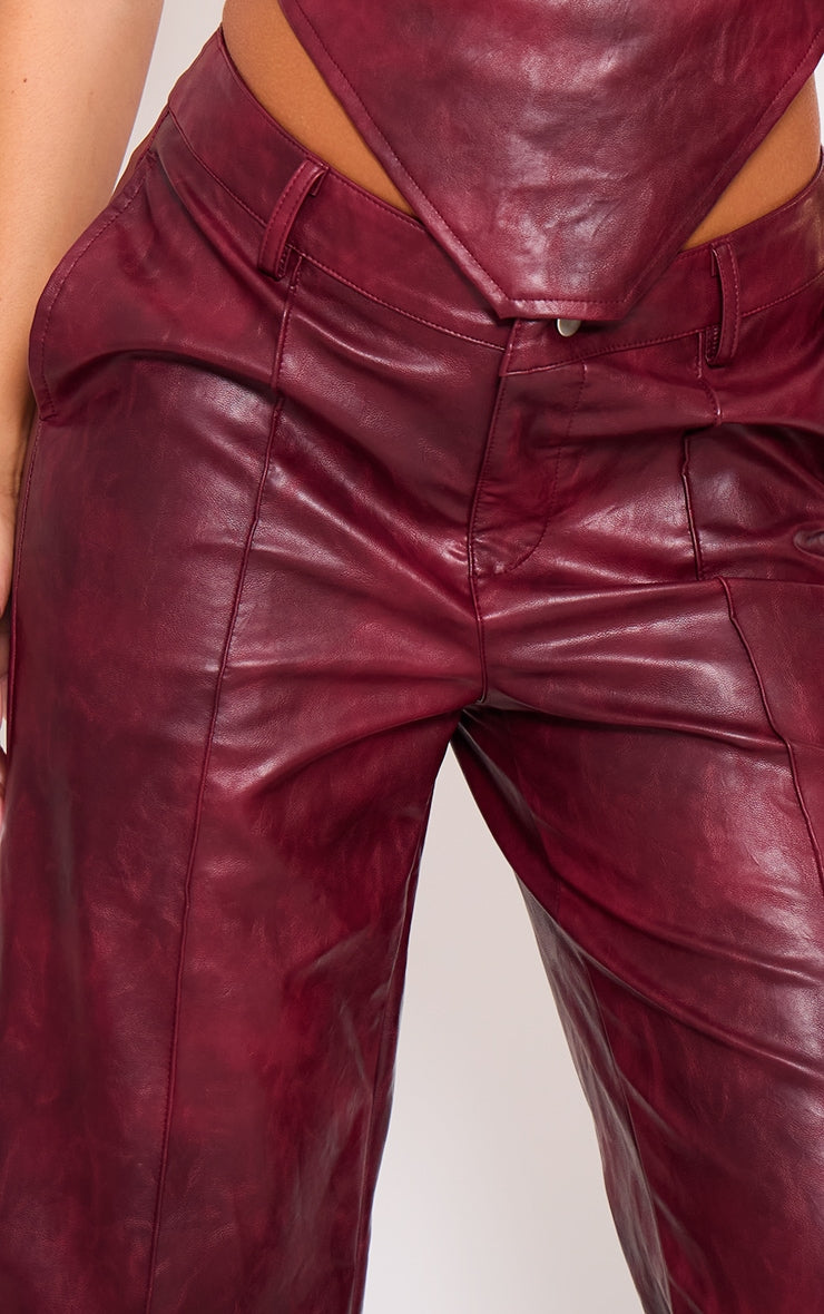 Burgundy Washed Faux Leather Dip Waist Flared Trousers