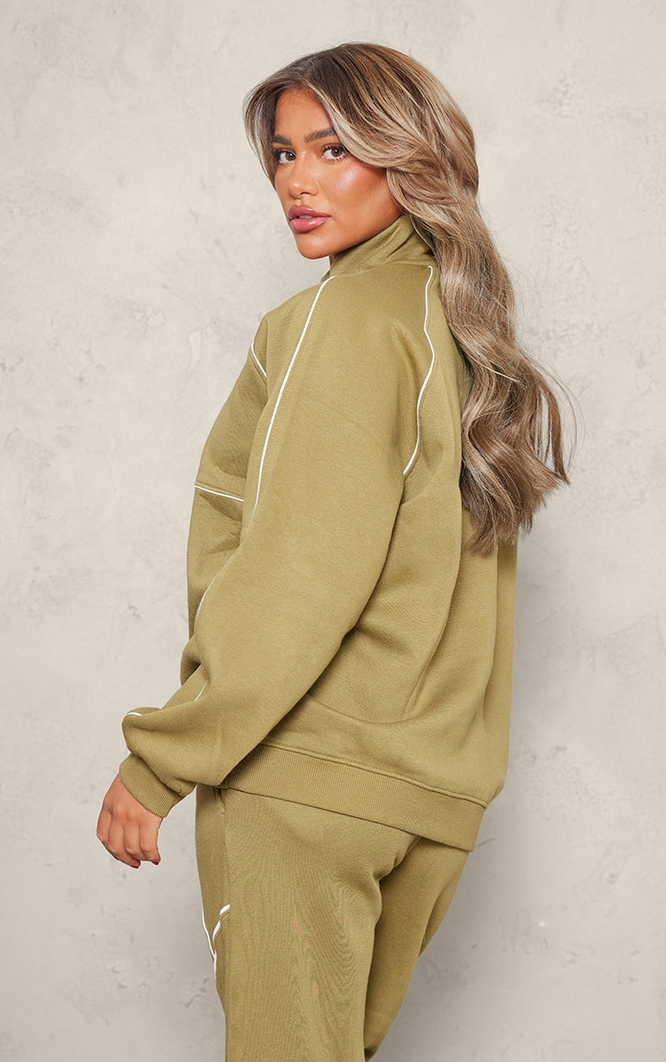 Ash Grey Oversized Contrast Piping Quarter Zip Sweatshirt