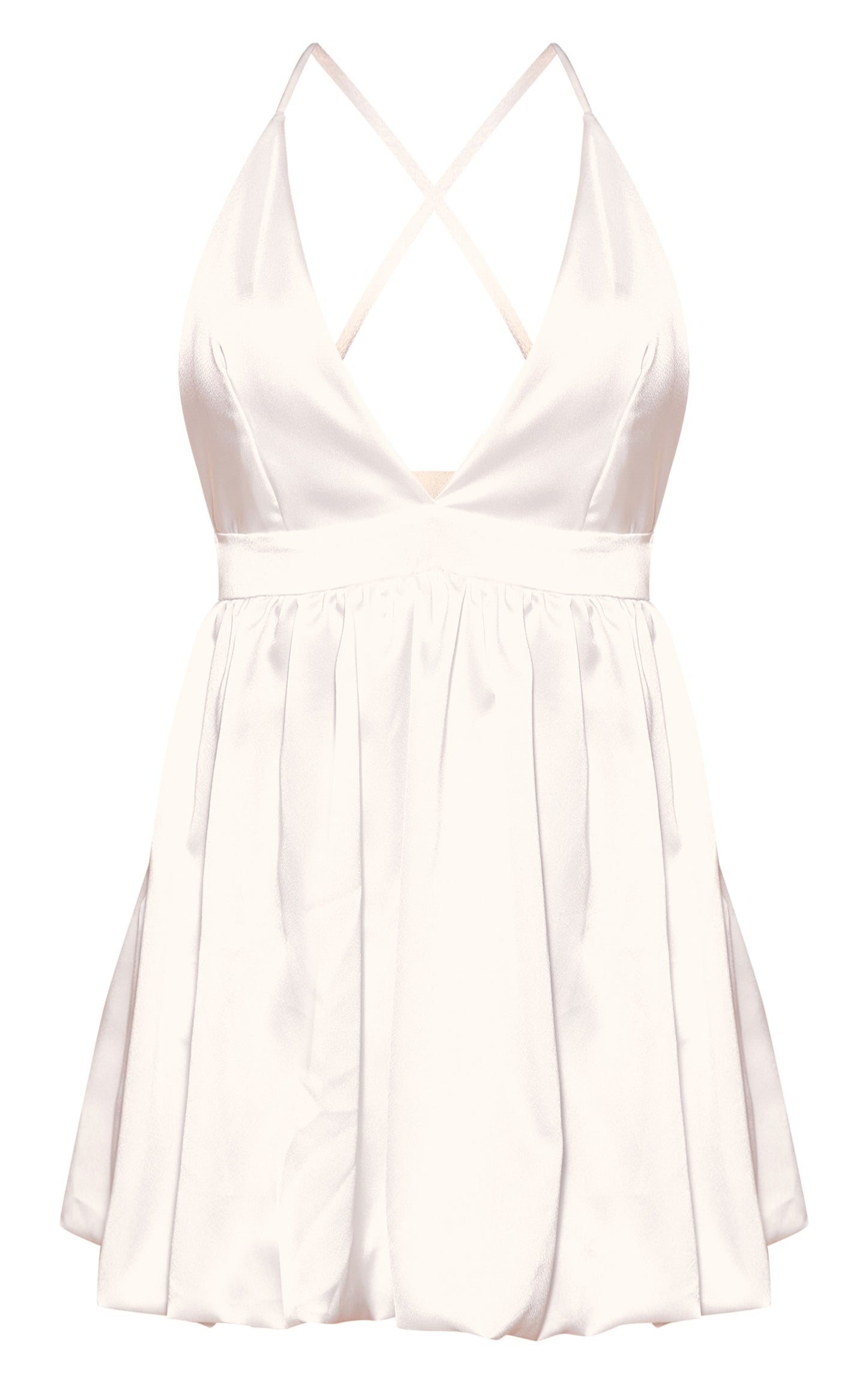 White Satin Plunge Puffball Mini Dress