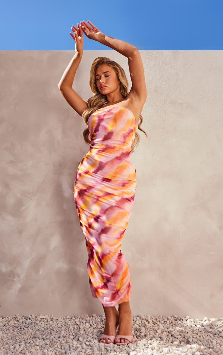 Pink Abstract Print Mesh Bandeau Ruched Maxi Dress