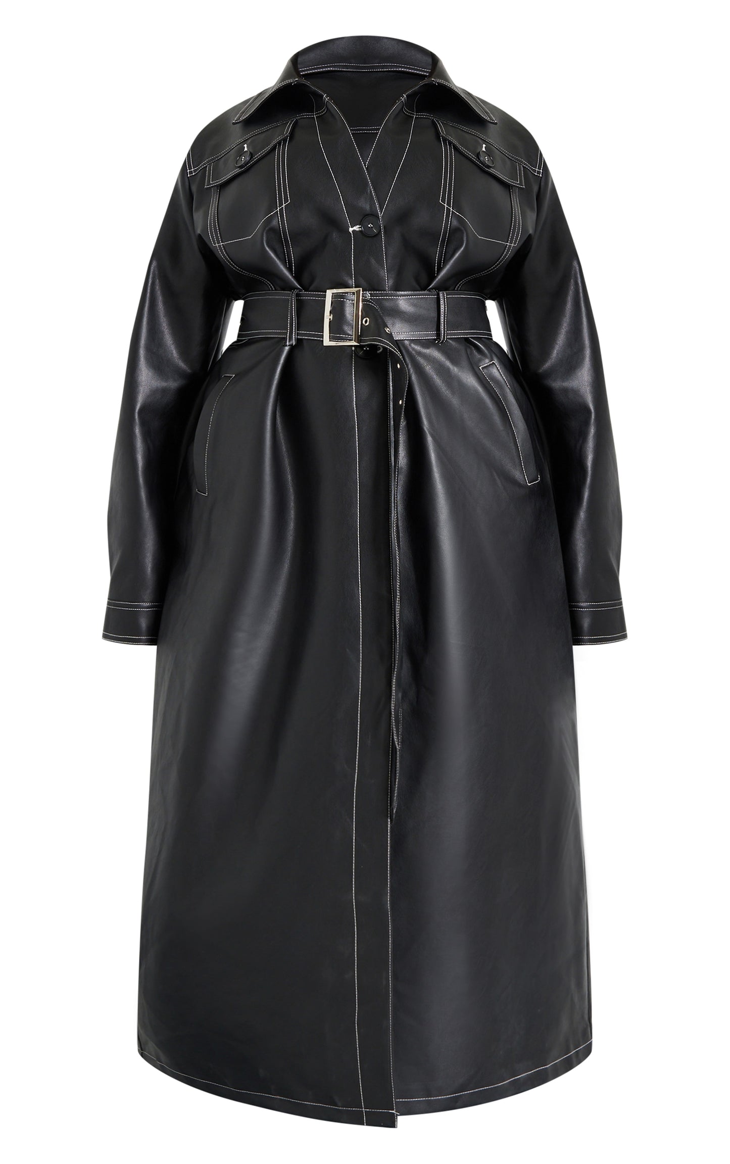 Plus Black Faux Leather Contrast Stitch Split Hem Trench Coat