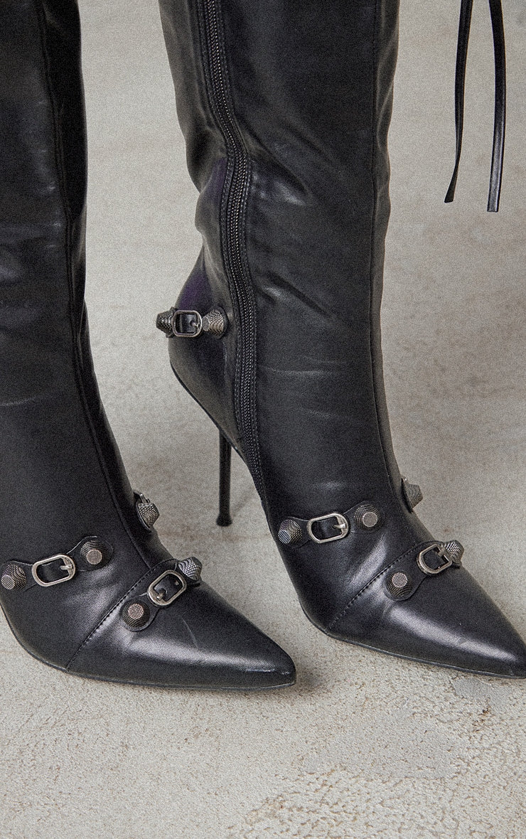 Black PU Zip Detail Point Toe Mid Heeled Knee Boots