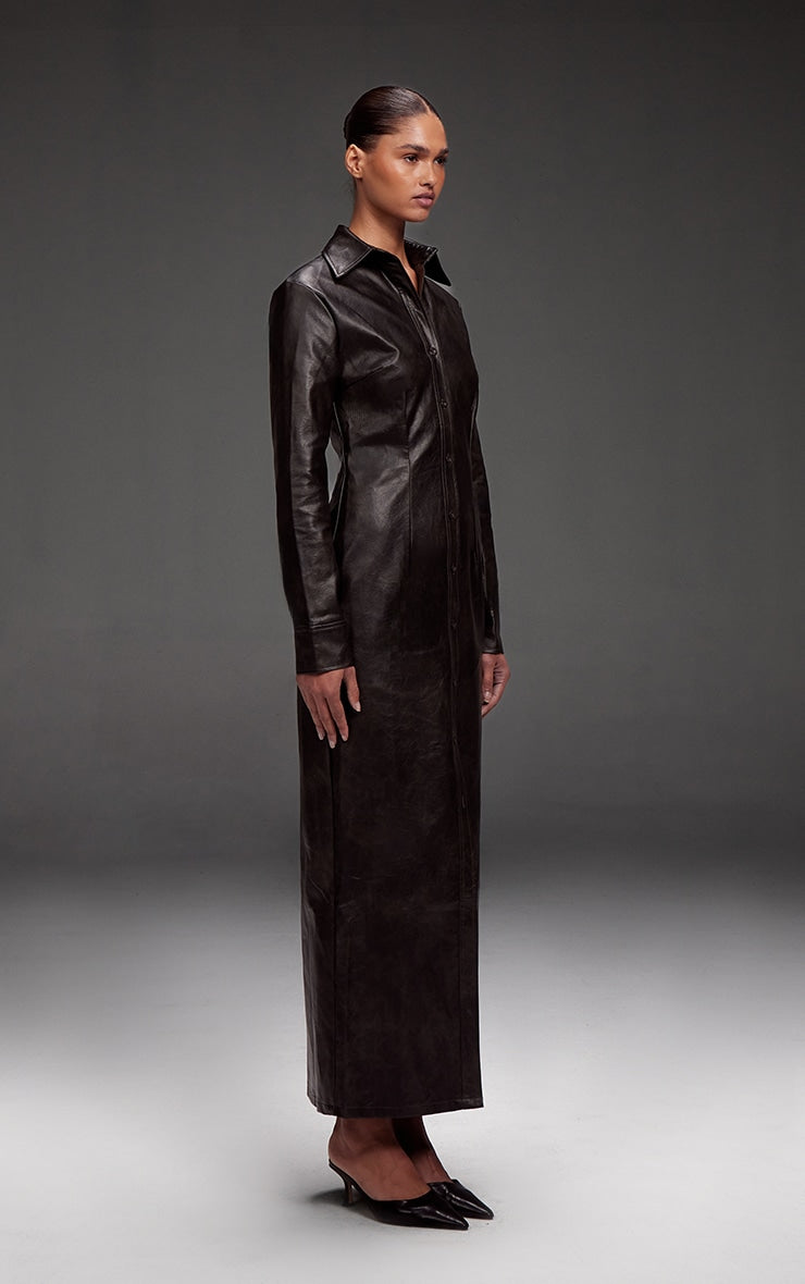 Black Washed Faux Leather Button Up Maxi Dress