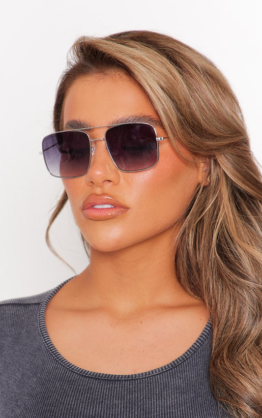 Silver Metal Square Frame Aviator Sunglasses