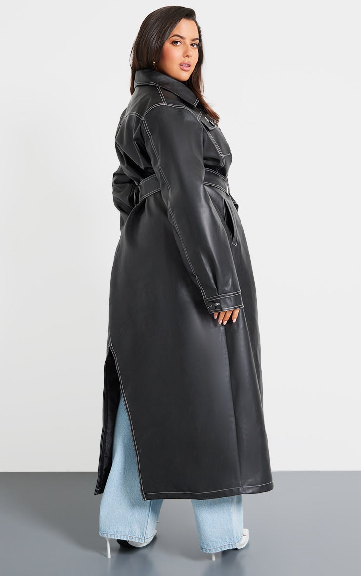 Plus Black Faux Leather Contrast Stitch Split Hem Trench Coat