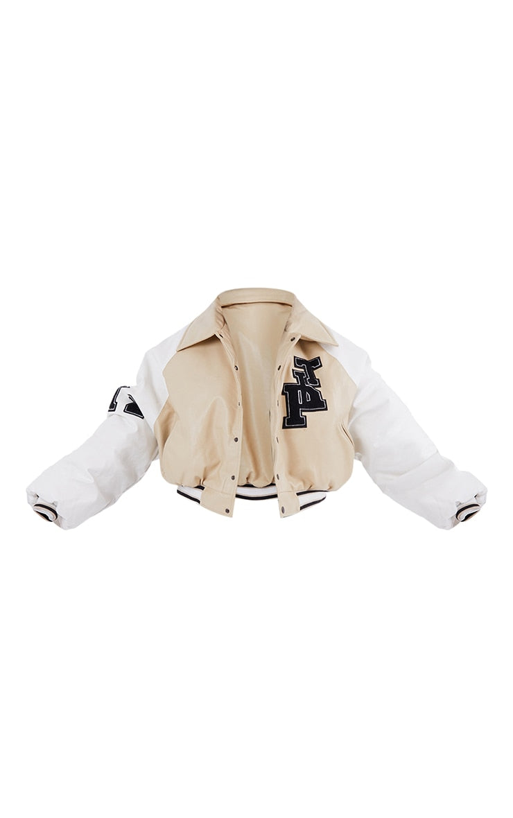 Beige Faux Leather Raglan Sleeve Cropped Varsity Bomber Jacket