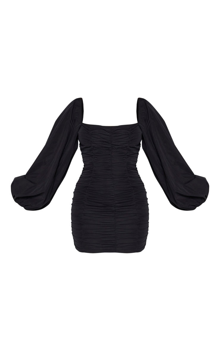 Black Balloon Sleeve Ruched Bodycon Dress