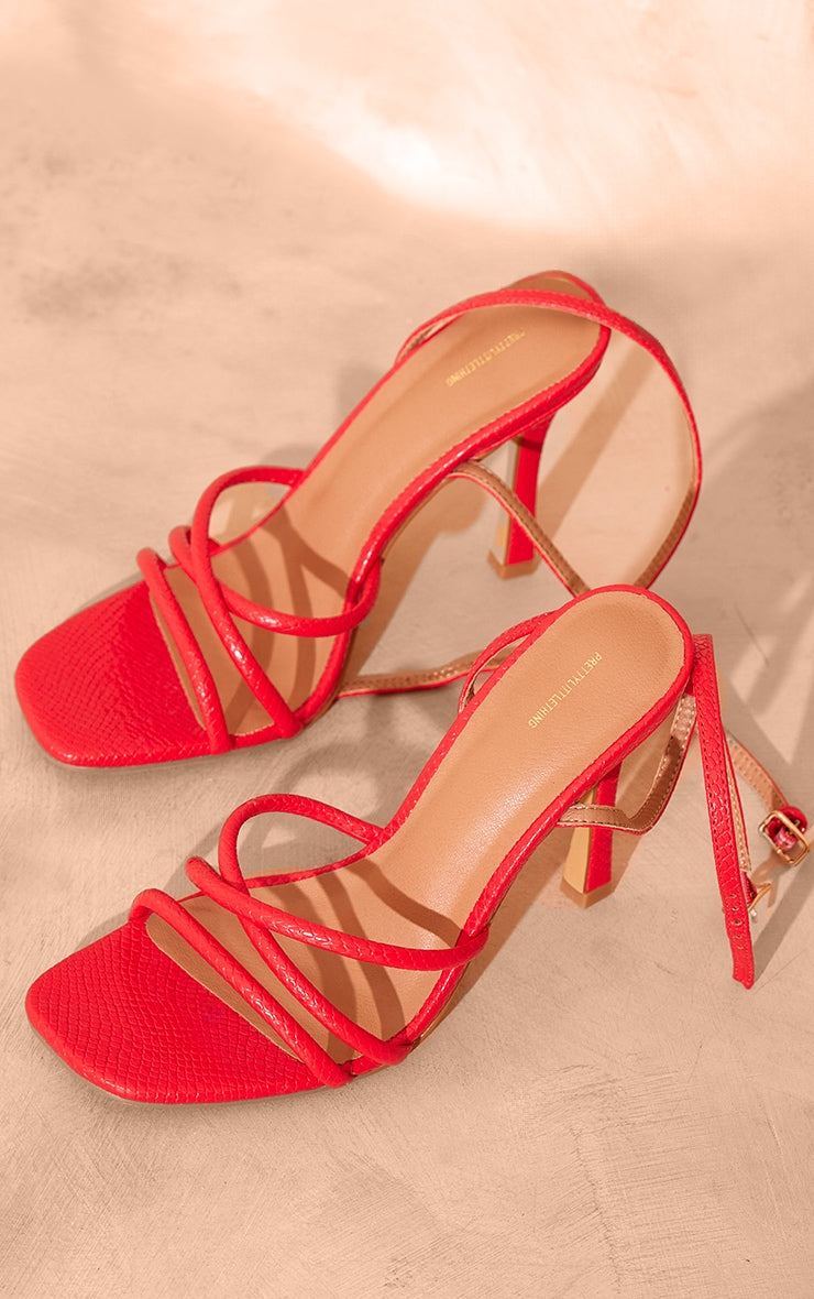 Red Croc Pu Square Toe Cross Over Strap Mid Heeled Sandal