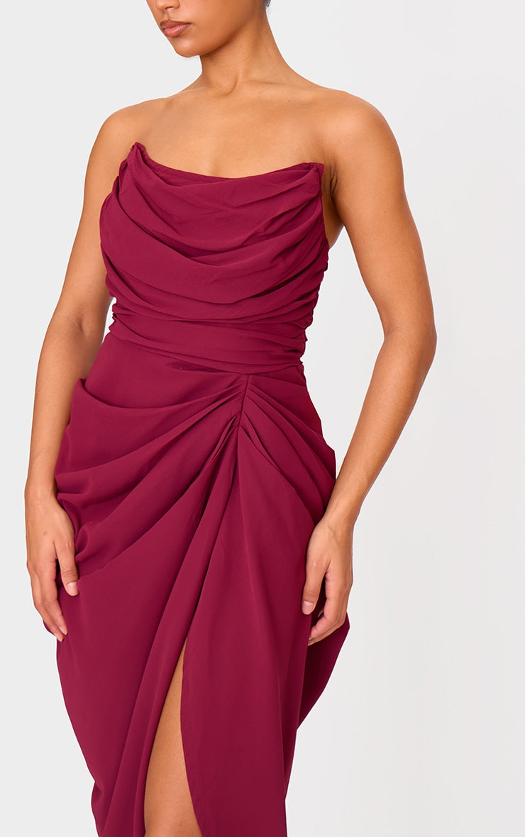 Burgundy Chiffon Corset Bandeau Draped Midi Dress