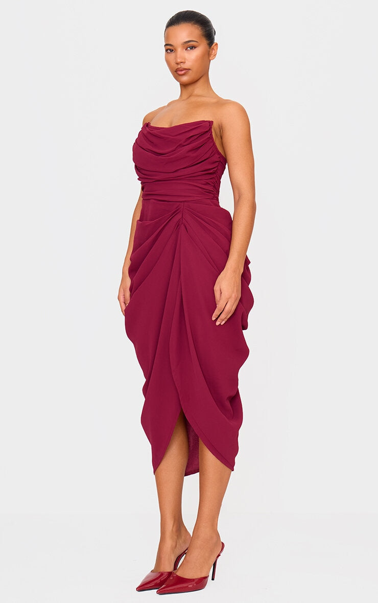 Burgundy Chiffon Corset Bandeau Draped Midi Dress